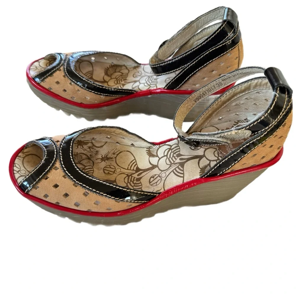 Fly London Ydel Tan/Black/Red Perforated Leather Peep Toe Wedges Size 38